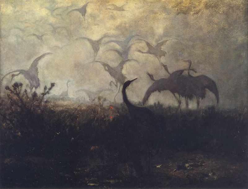 Cranes Taking Off in the Mist