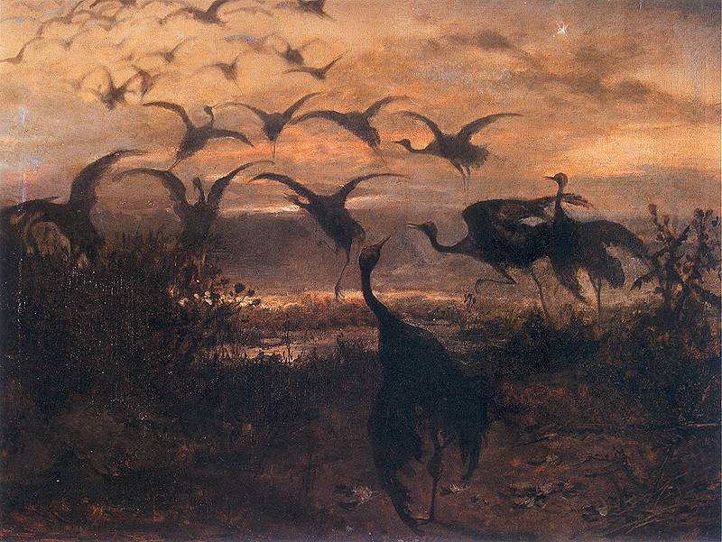 Orange Sky Cranes Taking Off